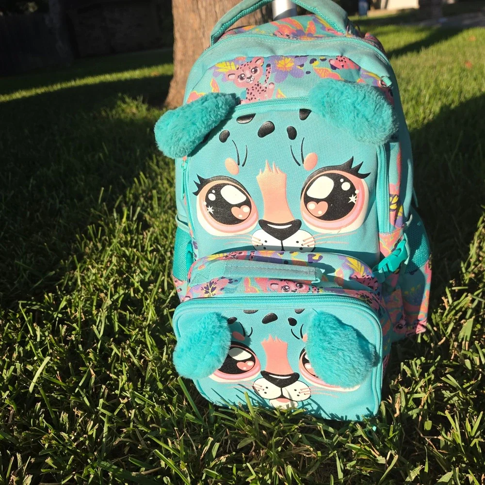 Kids Rolling Backpack and Lunch Box Set Turquoise Leopard Floral 3D Ears
